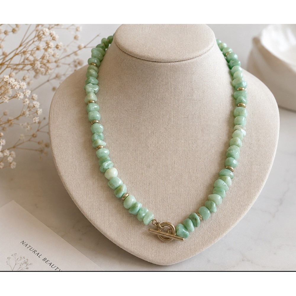 Amazonite Chip Bead Necklace Toggle Front  Mint Green Stone 19" Chunky Boho